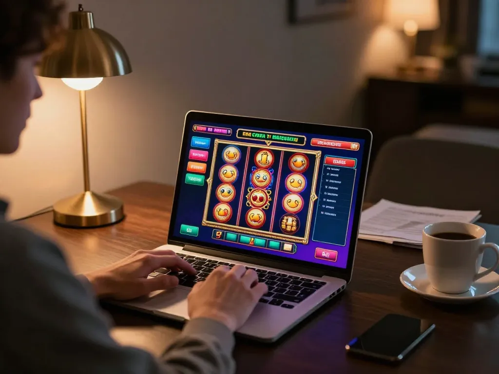 MM88 player spins vibrant online slot machine from home desk in cozy setting