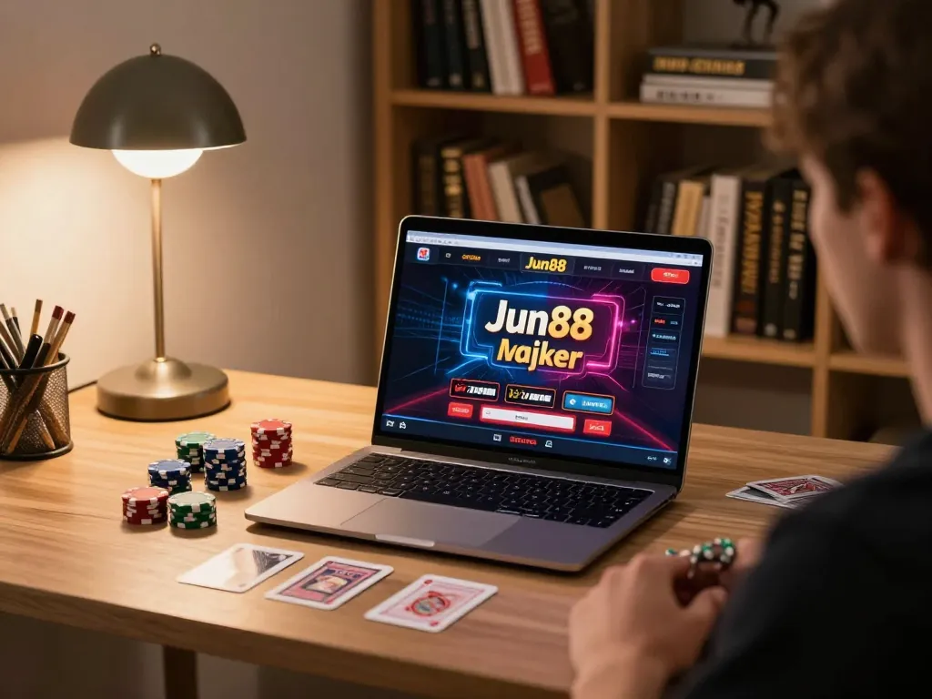 Player strategizing on Jun88 casino platform in a cozy home office setting.