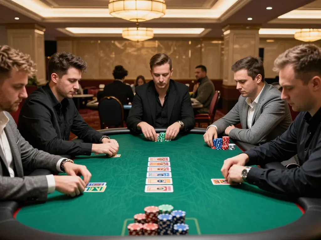 Players engaging in high-stakes poker at 789WIN casino, showcasing high chip stacks and community cards.