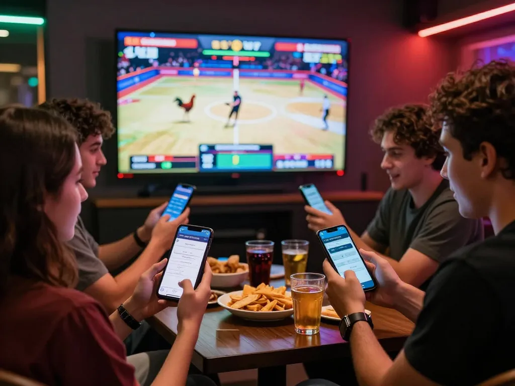 Friends enjoying live cockfighting on https://ga179i.com/ with smartphones and snacks in a vibrant atmosphere.