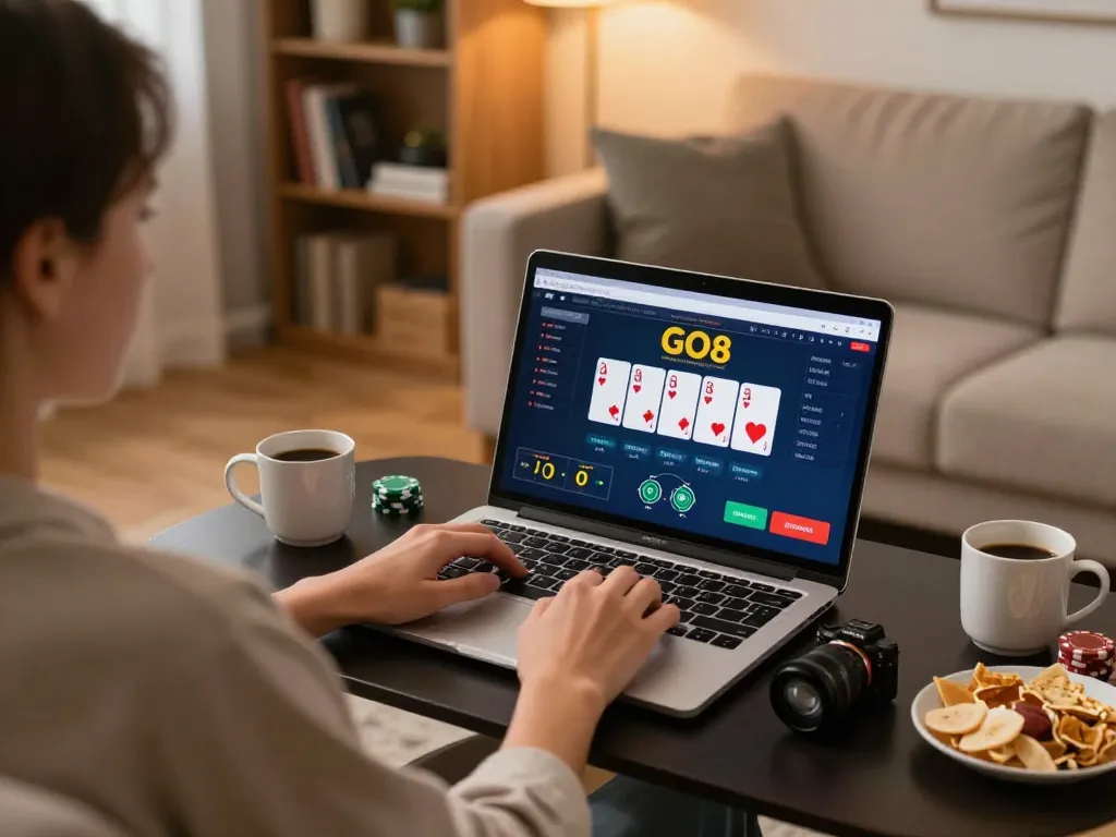 Player actively engaging with GO8's online poker interface from a cozy home setting.