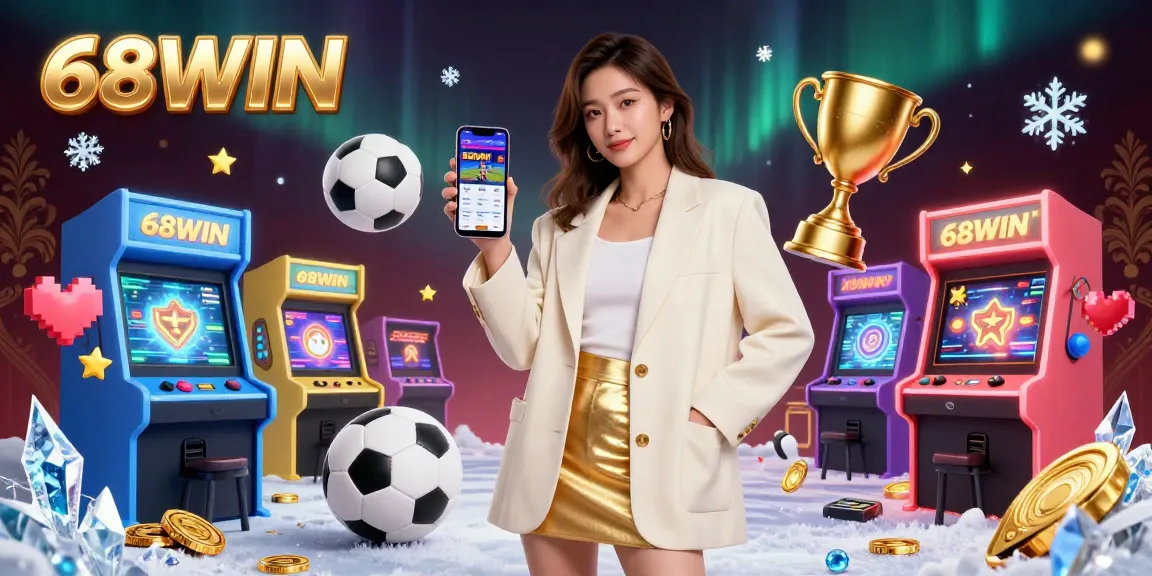 Experience sports betting excitement with 68WIN through a vibrant mobile app, surrounded by 3D casino elements.