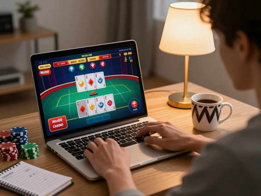 Engaging gameplay at MU88 Casino with live dealer game displayed on laptop, cozy home setting.