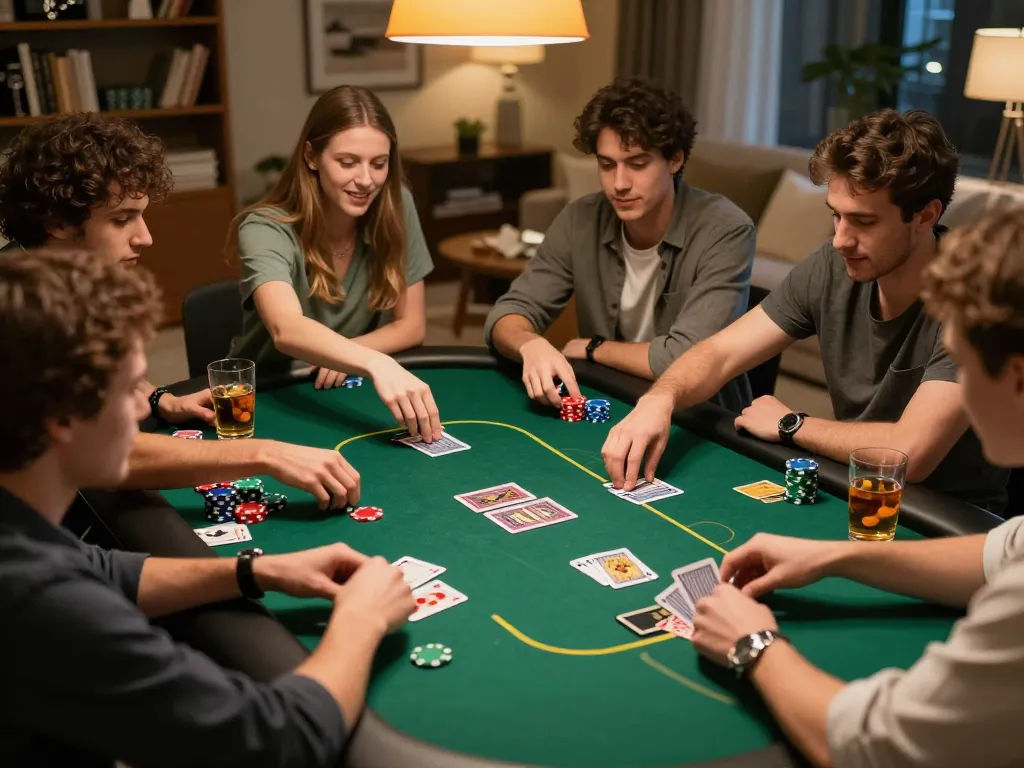 Engaging home poker night with friends and cards, highlighting login situs poker interaction and gameplay strategy.