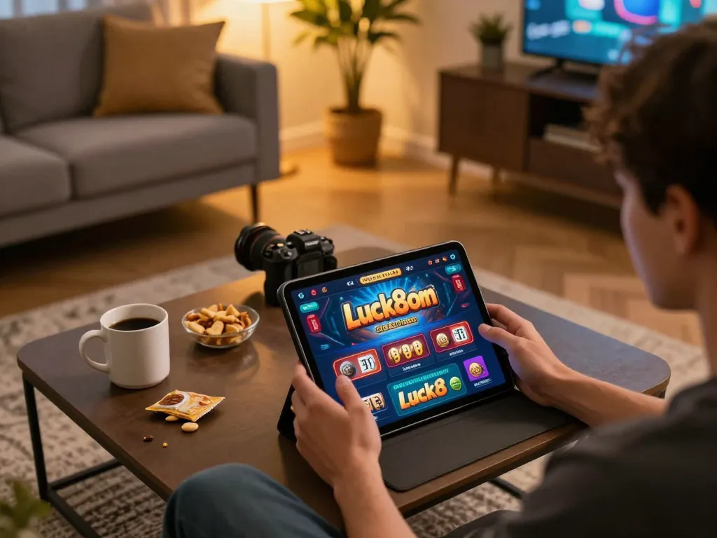 Player engaging with Luck8com casino on tablet in cozy living room, enhancing online gaming experience