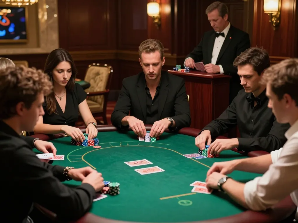 Experience thrilling poker gameplay at va88 casino with intense players and a professional dealer.