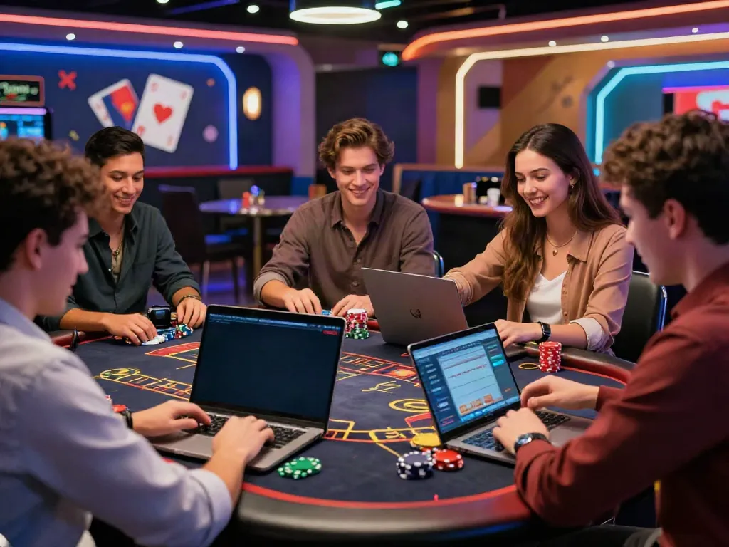 Players enjoying credit card casinos at a digital gaming table, showcasing excitement and interaction in a modern casino environment.