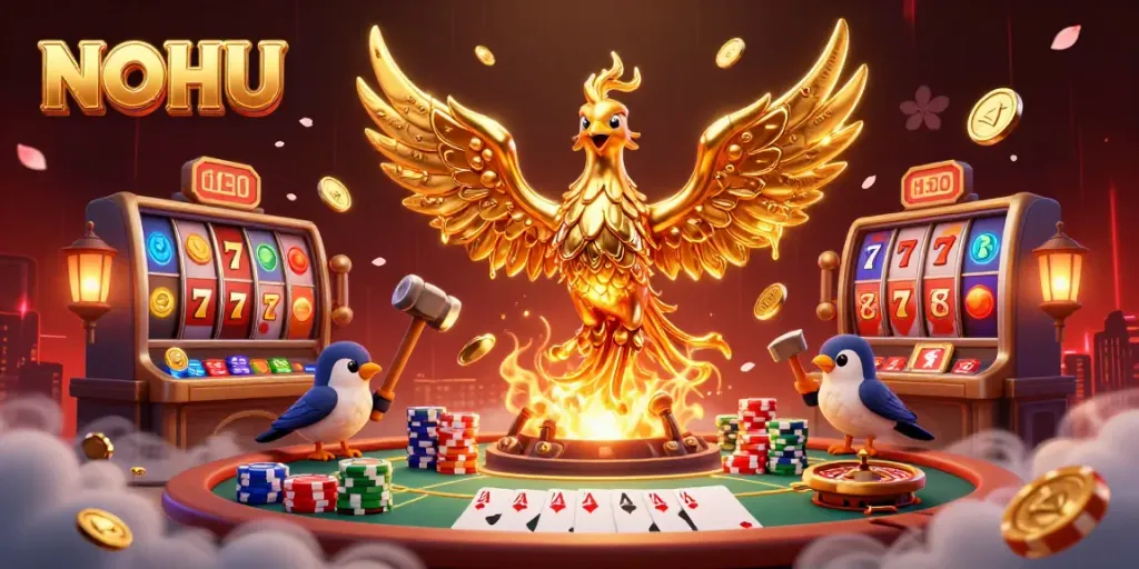 Experience thrilling wins at NOHU with a molten phoenix amidst diverse casino games.