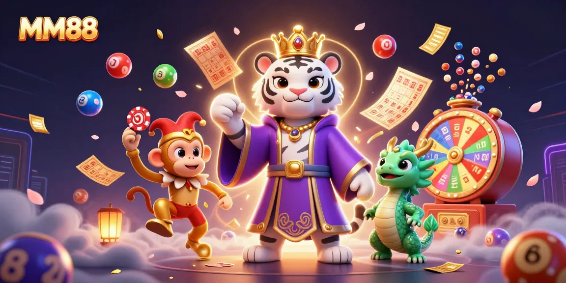 Engage with MM88 while enjoying vibrant colorful lottery elements and charming casino characters.
