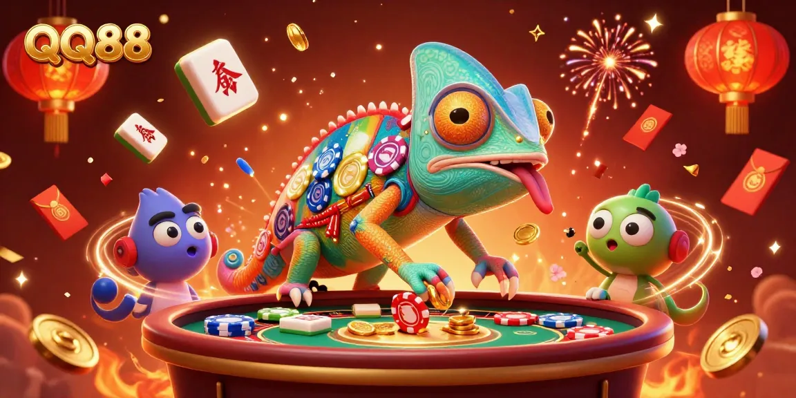 Experience the excitement of QQ88 gambling with our lively 3D chameleon casino illustration.