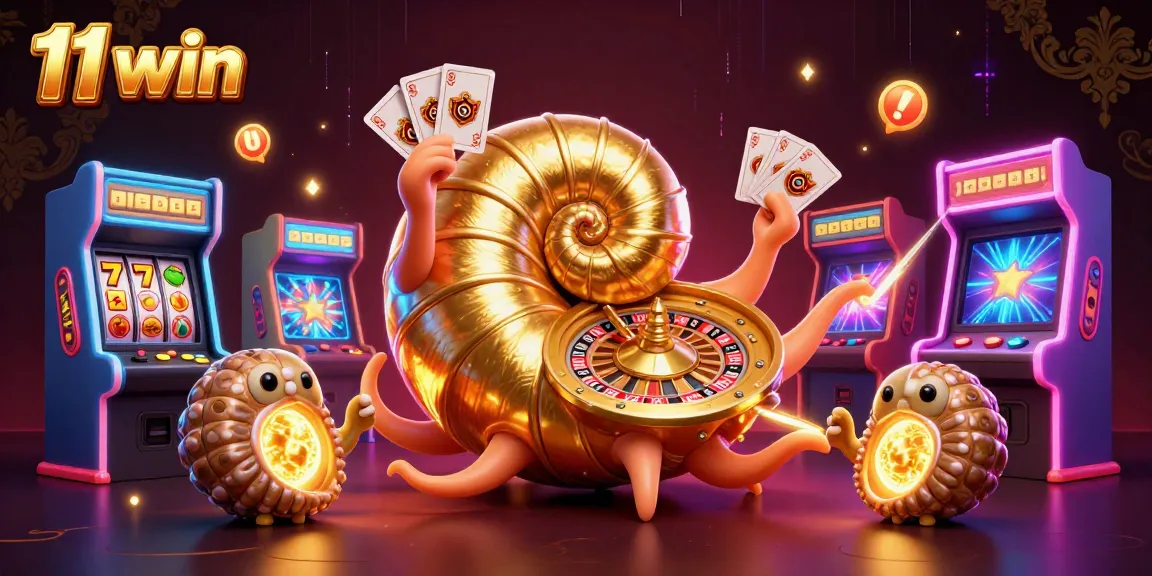 Engage in thrilling gameplay with 11 win's vibrant casino-themed 3D illustration.