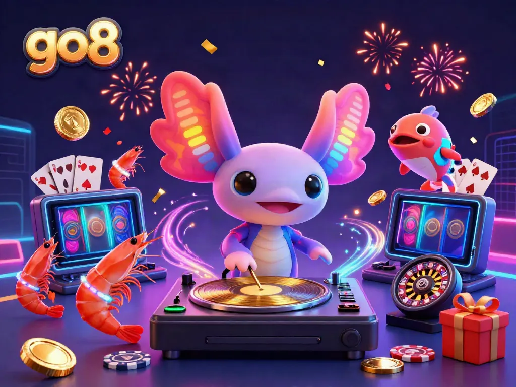 Spinning and winning at go8 with an axolotl DJ and colorful gambling elements.