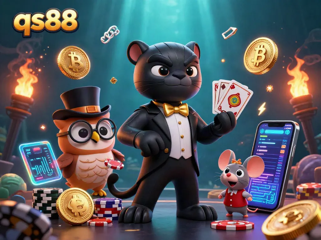Win big at qs88 with an engaging illustration of a tuxedo-clad panther, poker owl, and lucky mouse.