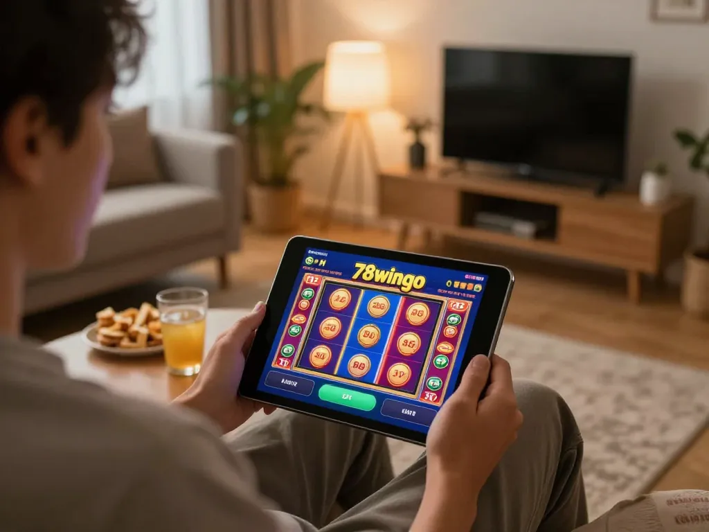Player enjoying online gaming on 78wingo app in a cozy home setting, showcasing excitement and entertainment.
