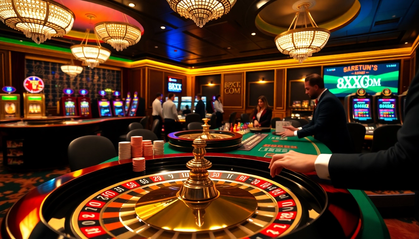 Experience thrilling betting at 8XX COM with poker chips, roulette, and vibrant casino atmosphere.