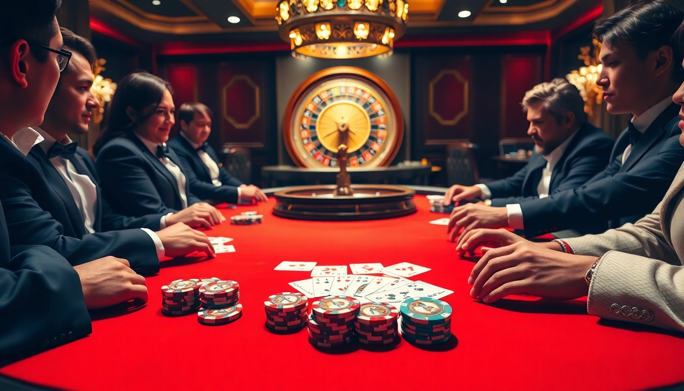A thrilling poker game in an elegant casino at 88XX, highlighting vibrant chips and cards.