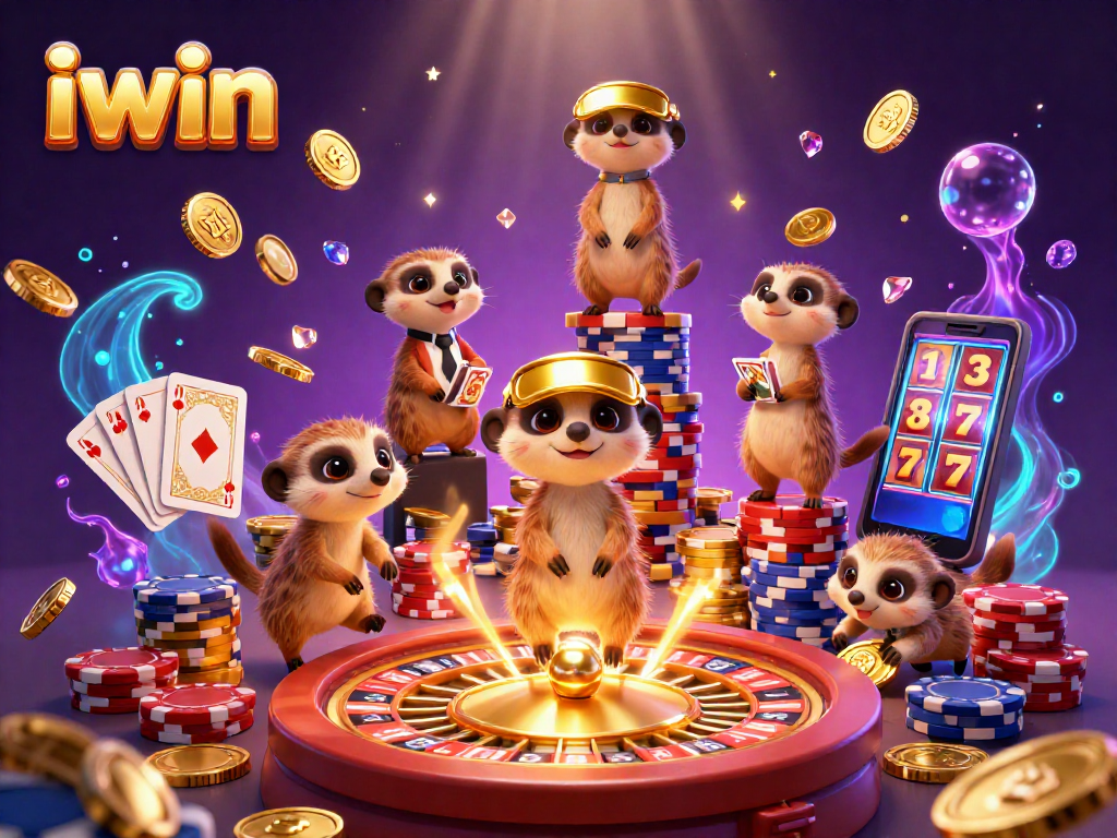 iwin casino scene featuring meerkats in action with chips, cards, and sparkling gems during gameplay