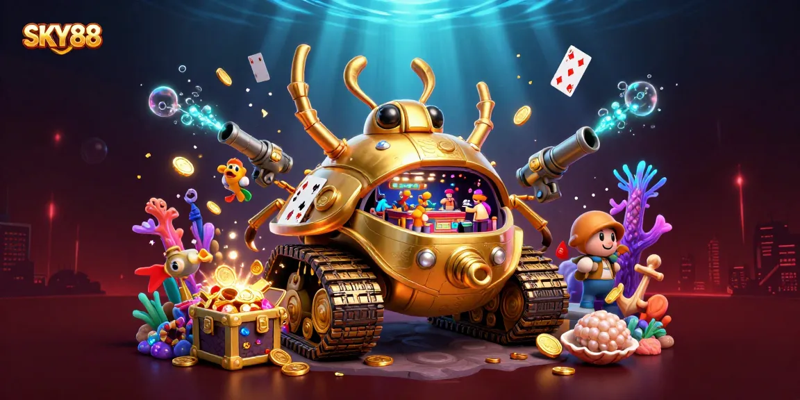 Experience thrilling gaming at SKY88 with our vibrant casino-themed 3D illustration filled with excitement.