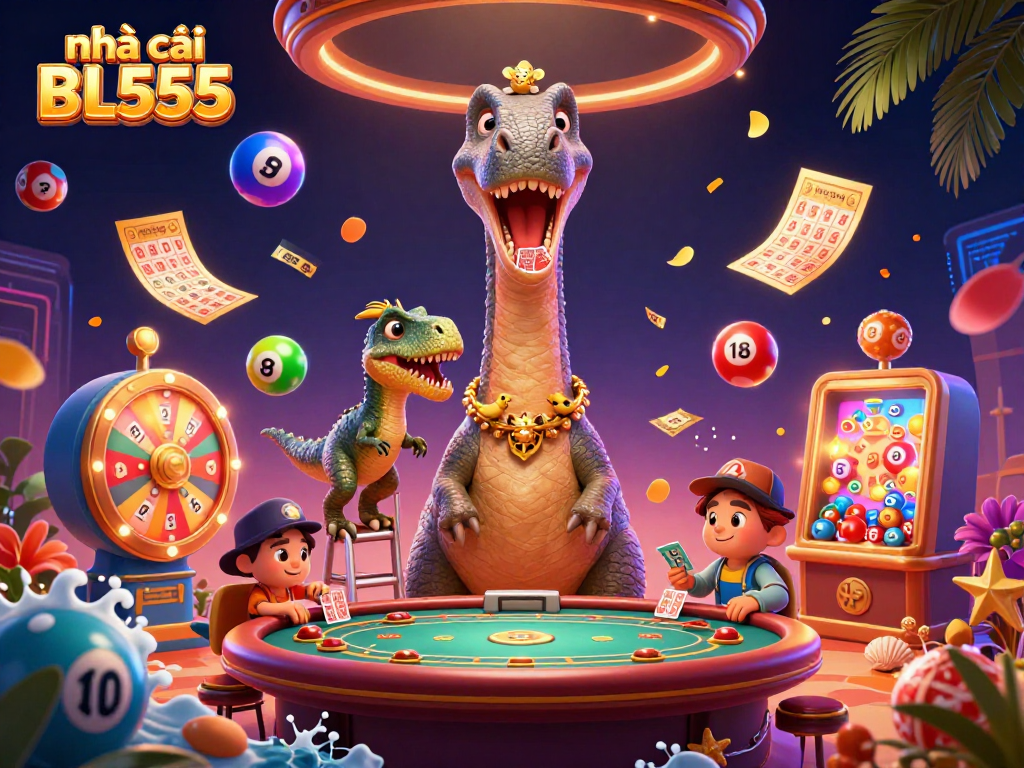 Experience thrilling gaming action at nhà cái BL555 with vibrant casino elements and cartoon characters in a lively setting.