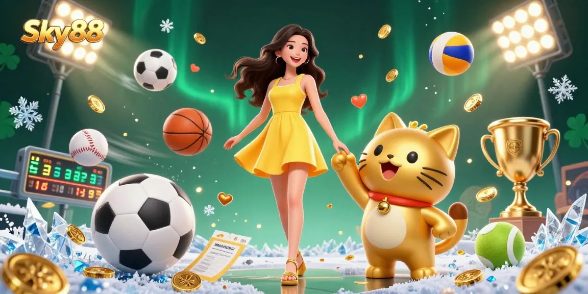 Experience thrilling gameplay at Sky88 with a cheerful Asian woman and a golden lucky cat amidst dynamic sports elements.