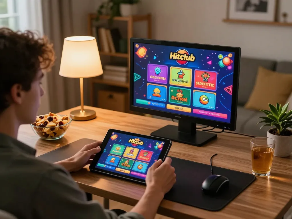 Person engaging with Hitclub online casino interface on a tablet, creating an immersive gaming atmosphere