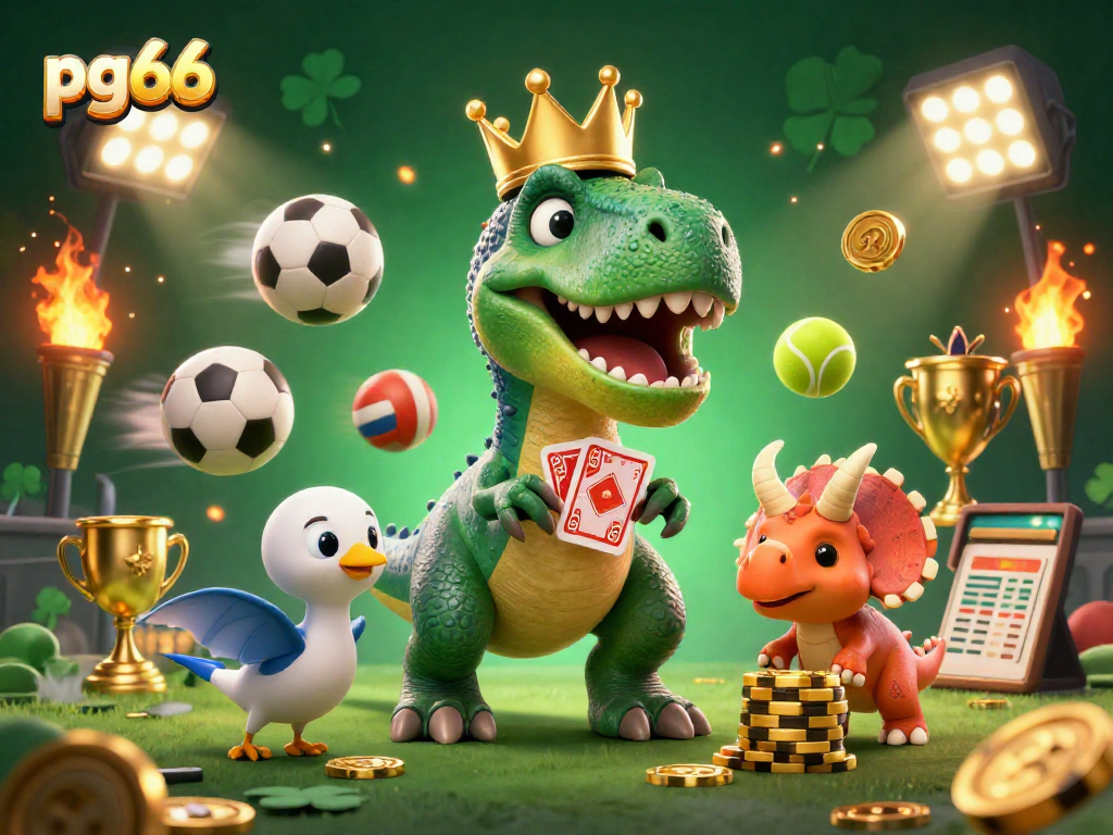 pg66 presents a colorful 3D scene with a T-Rex shuffling cards, showcasing casino energy and excitement.