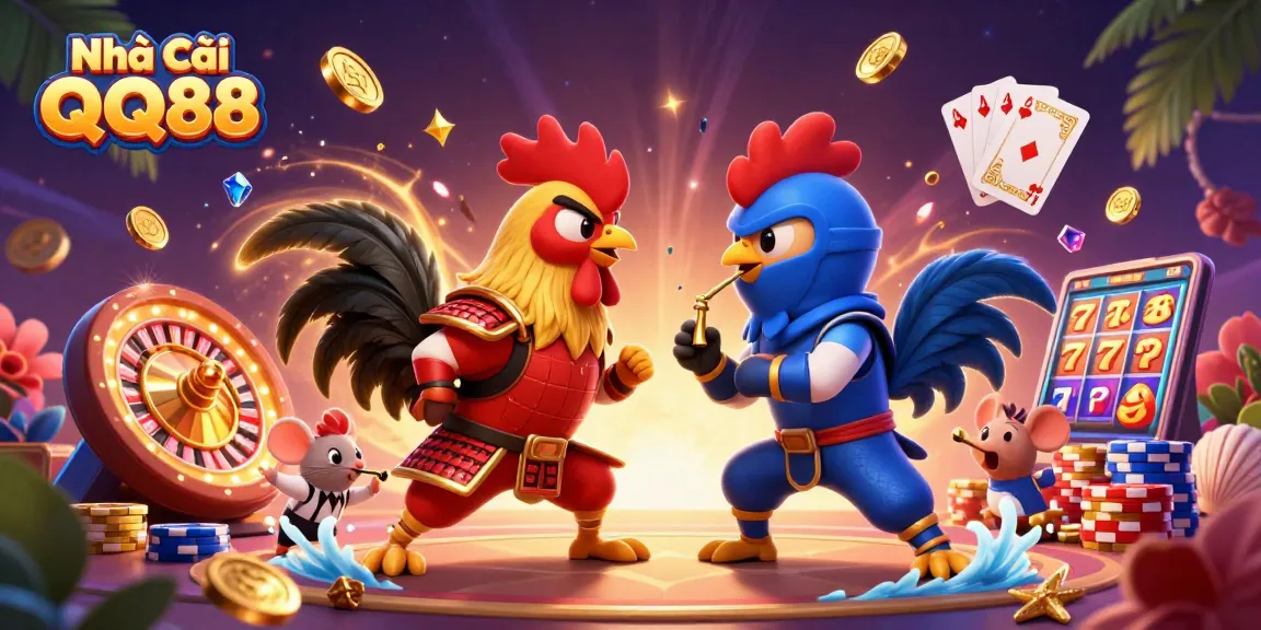 Engage in thrilling action with Nhà Cái QQ88's dynamic rooster duel amidst casino icons.