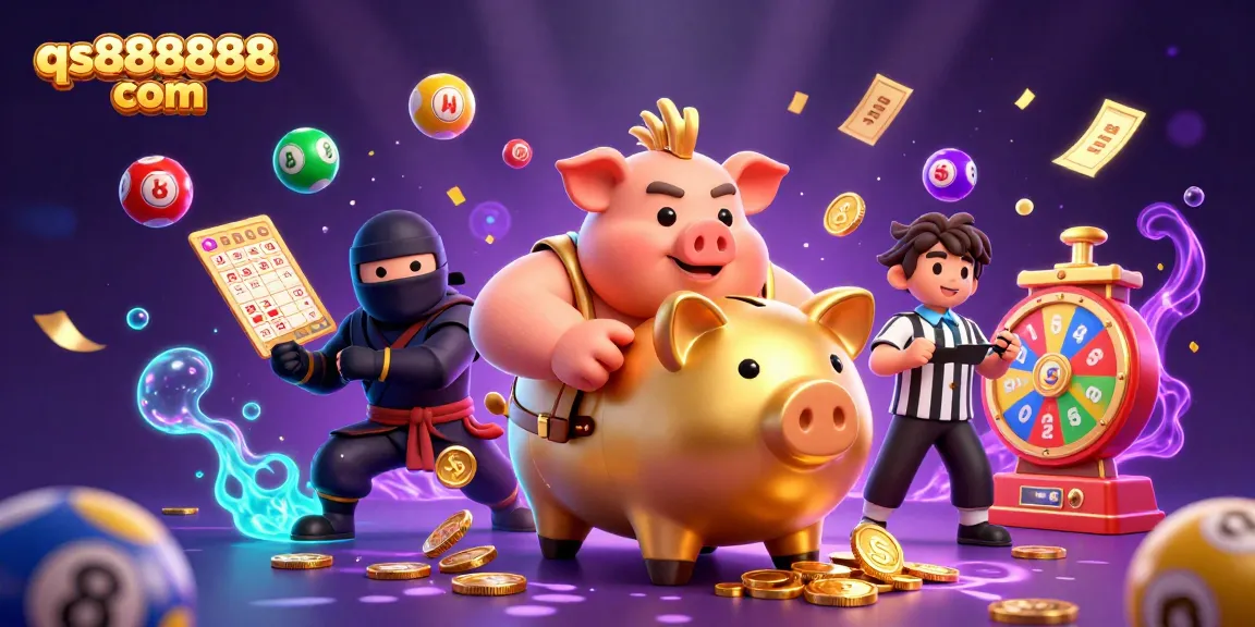 Experience excitement at qs888888 com with a dynamic 3D illustration featuring a golden piggy bank sumo wrestler and friends in a vibrant casino scene.
