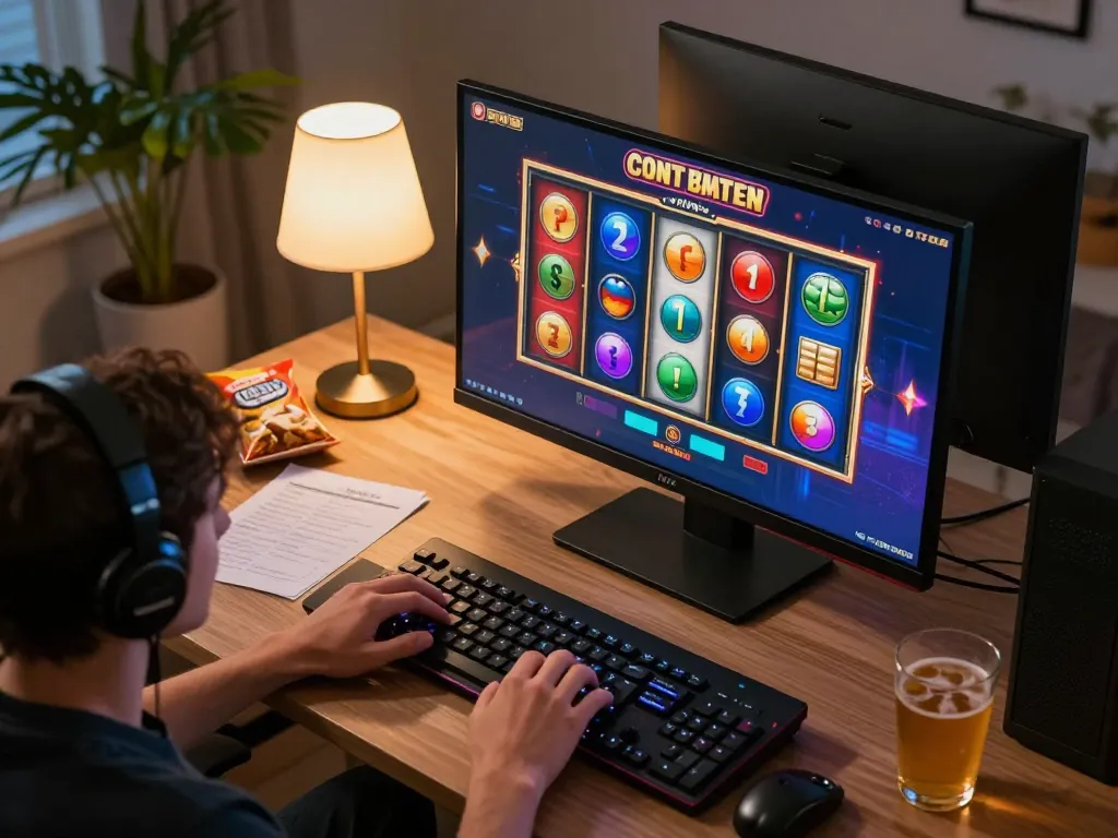 92slot player enjoying a vibrant online slot game with colorful reels and betting notes visible.