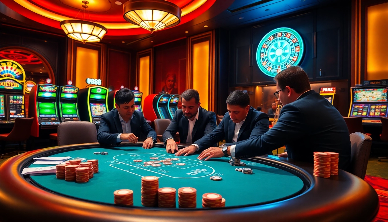 Experience high-stakes action at NK88 with poker chips and a vibrant casino atmosphere.