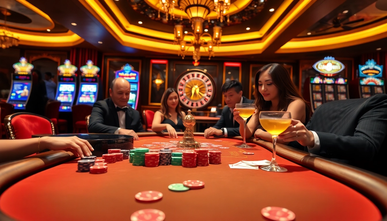 Players enjoying a thrilling game at the kkwin casino table, filled with chips and cards.