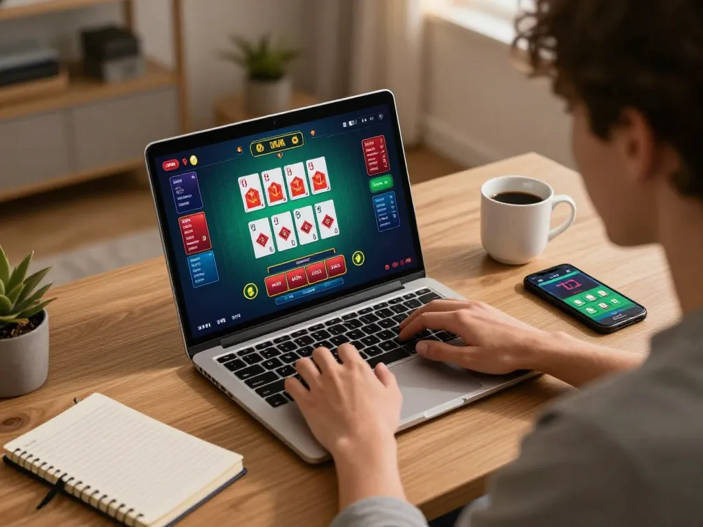 Play online blackjack with nk888 on a laptop, showcasing strategic betting in a cozy home office.