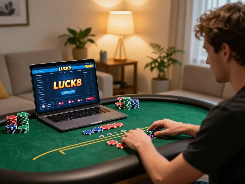 Player enjoying an online LUCK8 poker game at home, showcasing strategic gameplay.
