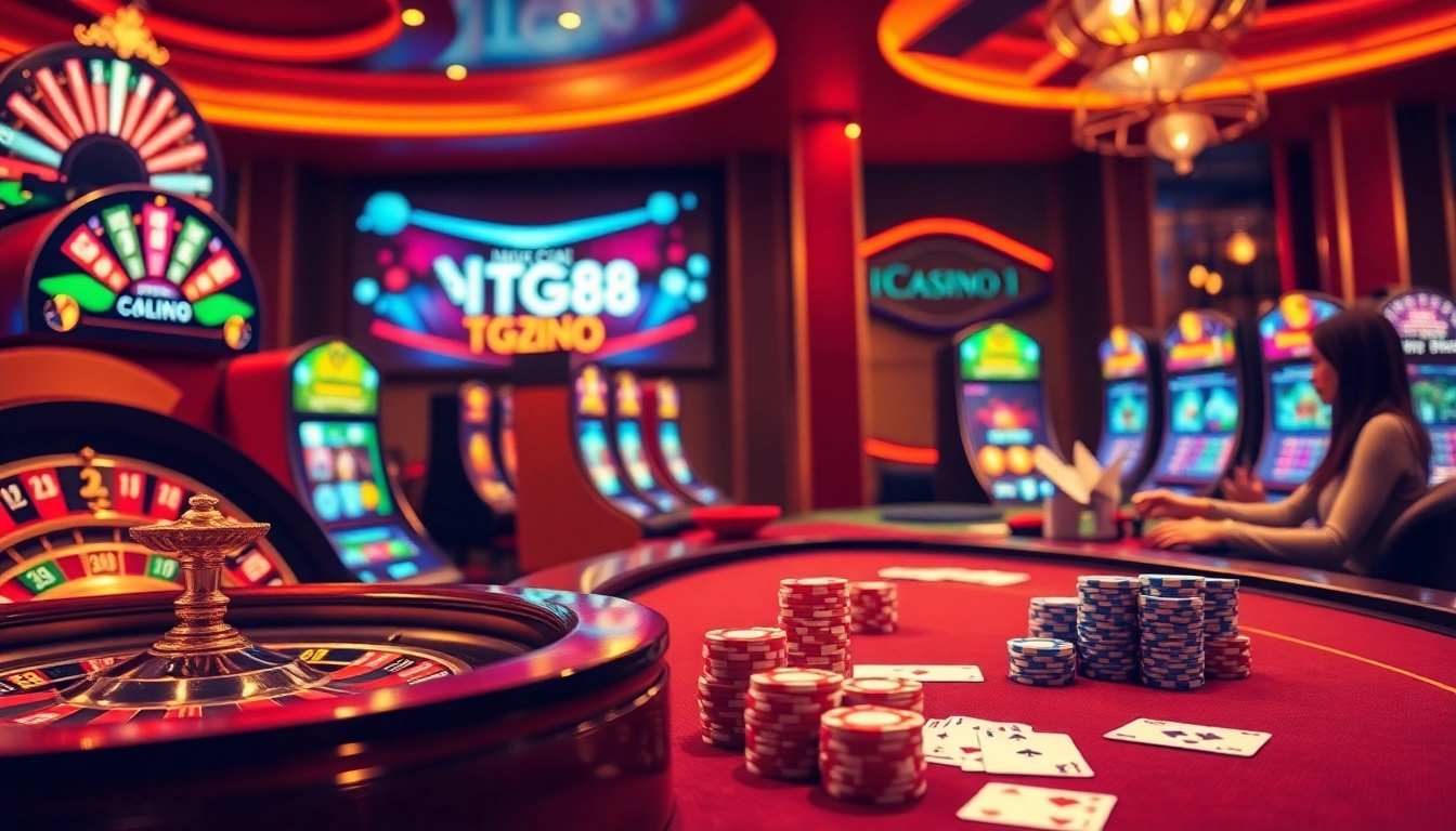 Experience the excitement of Nhà cái TG88 with vibrant casino visuals featuring roulette, slots, and poker.