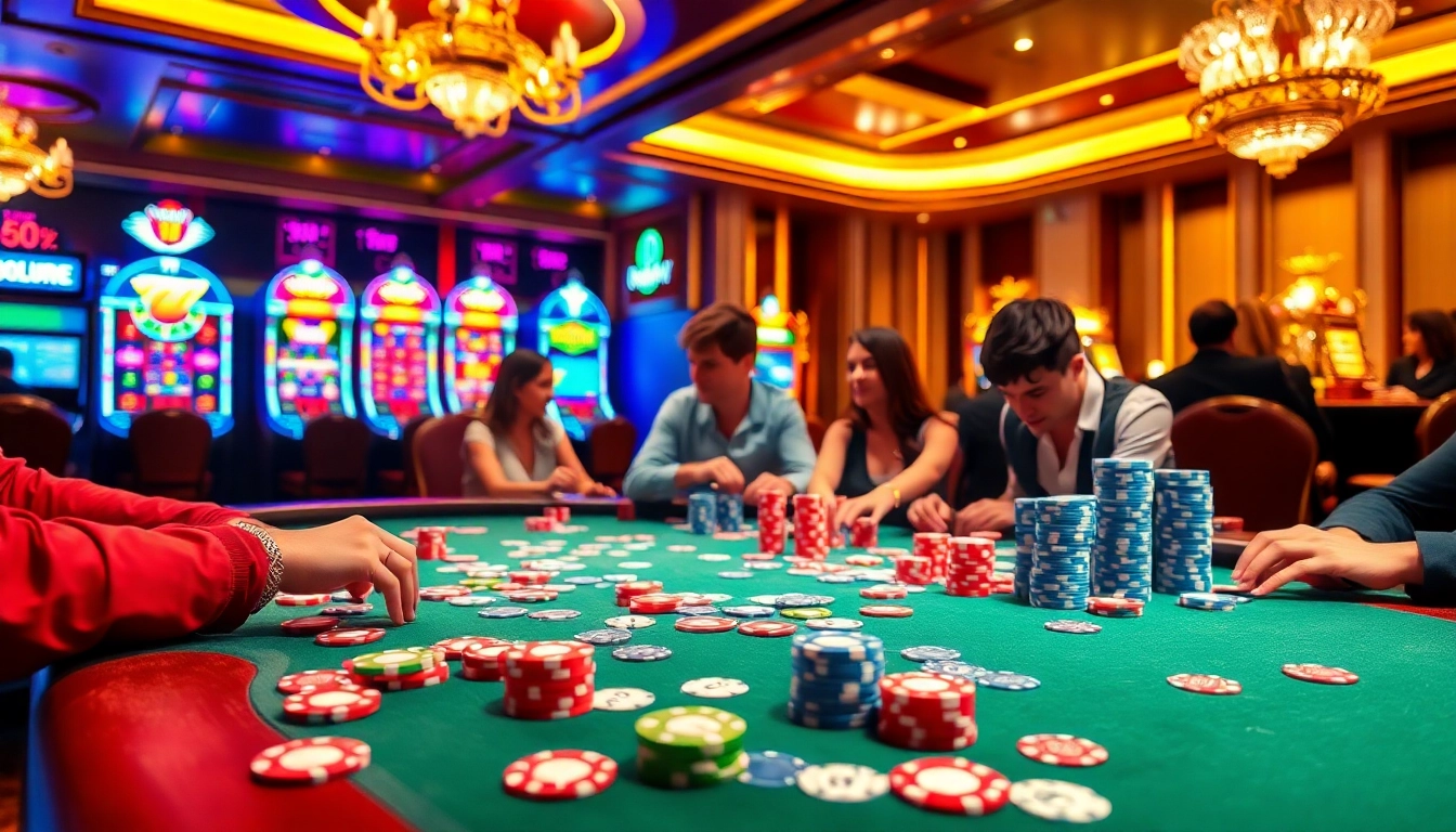Experience thrilling gameplay at c168okvip1.com with an upscale casino table, vibrant poker chips, and flashing slot machines.