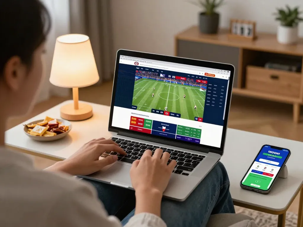 Person engaging in sports betting on F8BET website from a cozy living room.