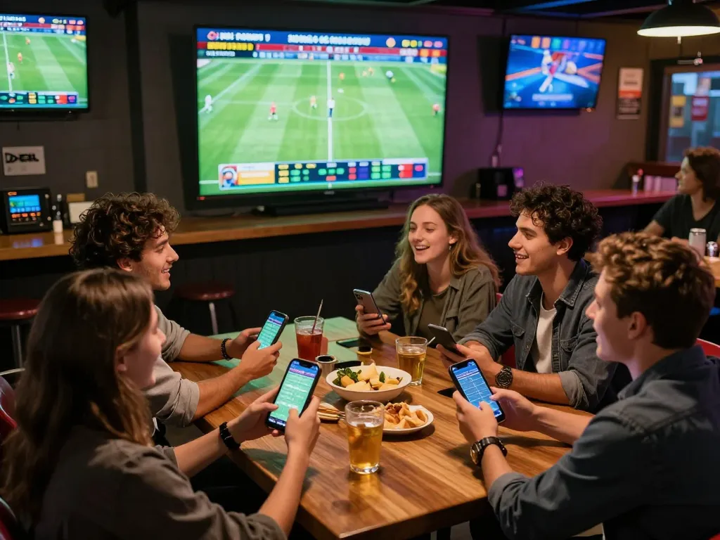 Friends celebrating wins while betting on Debet during a live sports event with excitement and camaraderie.