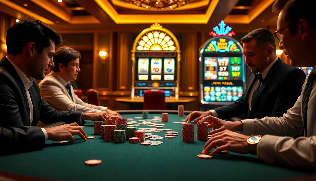 Casino excitement at i9bet with players, poker chips, and vibrant slot machines.