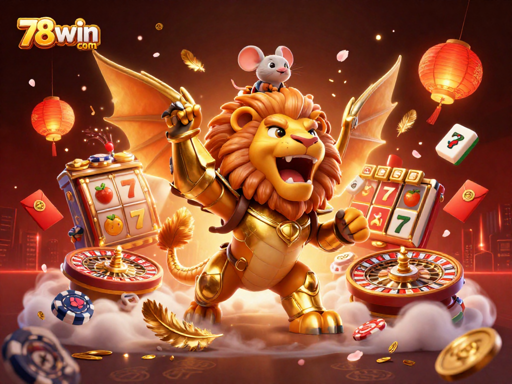 Experience the excitement of winning at 78win com with a vibrant 3D casino scene featuring games and golden symbols.