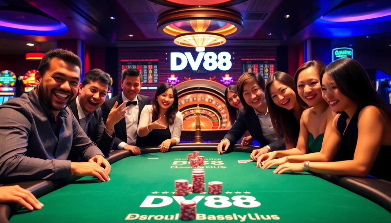 Players enjoying DV88 poker games at a vibrant casino table, featuring rich colors and excitement.