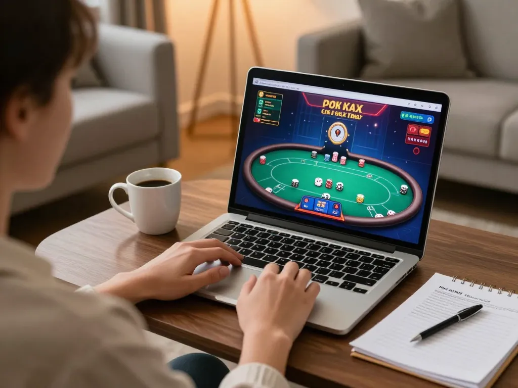 Engaged player enjoying online poker on a laptop, showcasing strategy notes and warm atmosphere, 789win1.