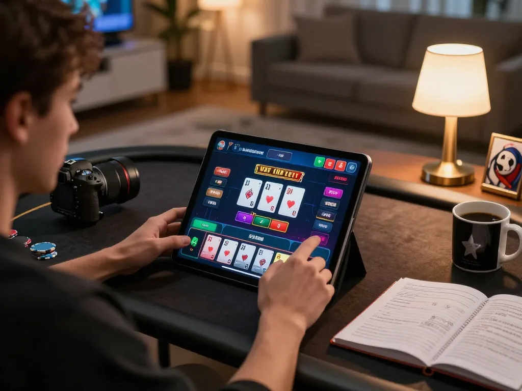 Engaging live dealer blackjack scene on tablet, showcasing FC88 strategy notes and gameplay atmosphere.