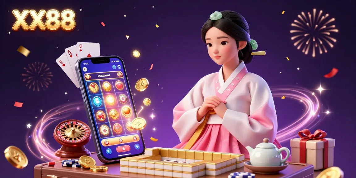 Win big at XX88 with a beautiful Asian woman showcasing elegant casino elements, vibrant colors, and dynamic gameplay.