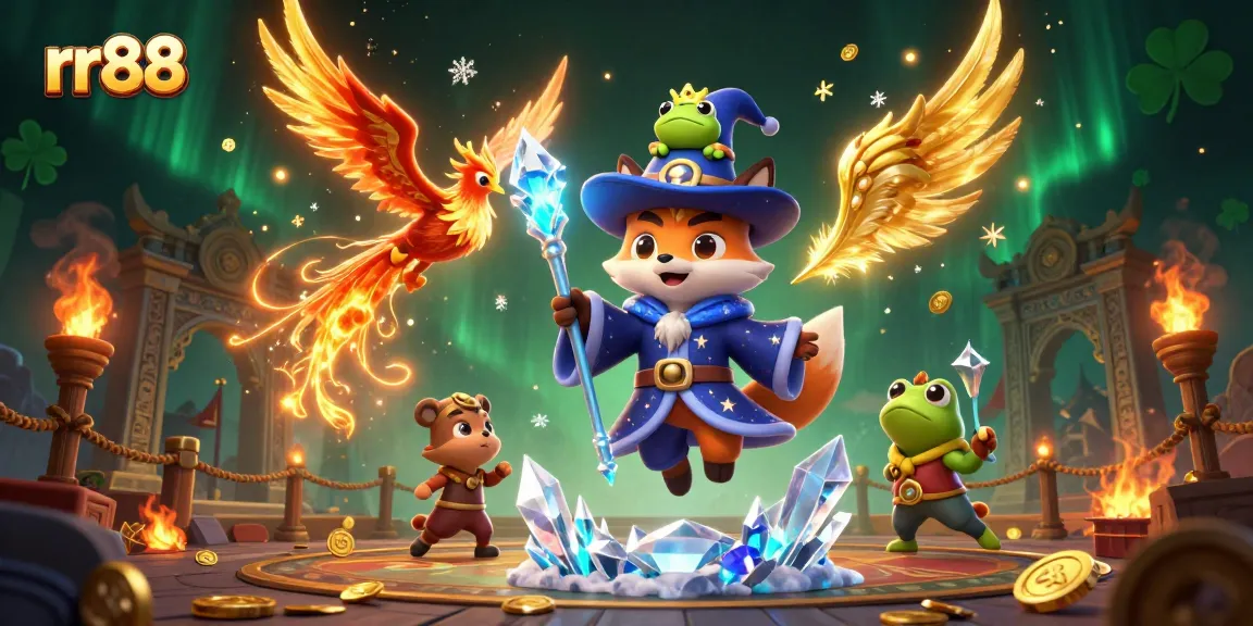 Experience thrilling gaming at rr88 with a mystical fox wizard and golden sparkles in a vibrant casino scene.