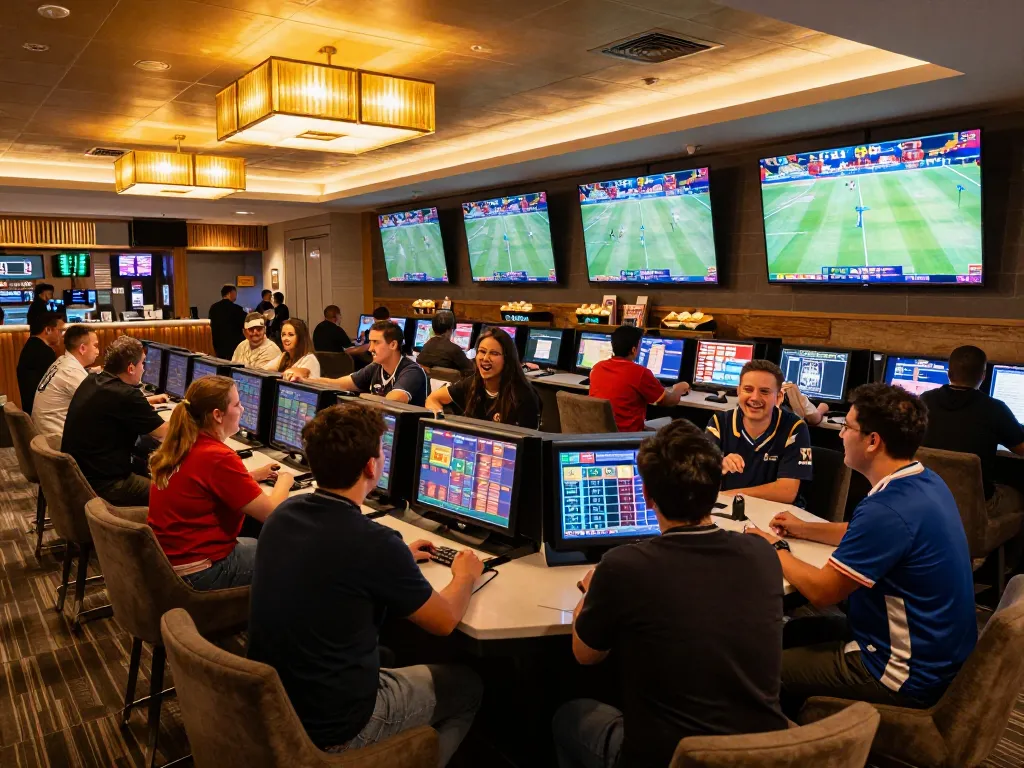 Fans placing bets at nhandinhkeonhacai's vibrant sports betting lounge, excited atmosphere.