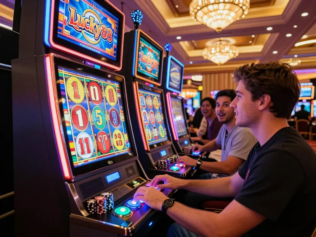 Exciting casino scene with player focused on Lucky88 slot machine, vibrant lights and ambiance.