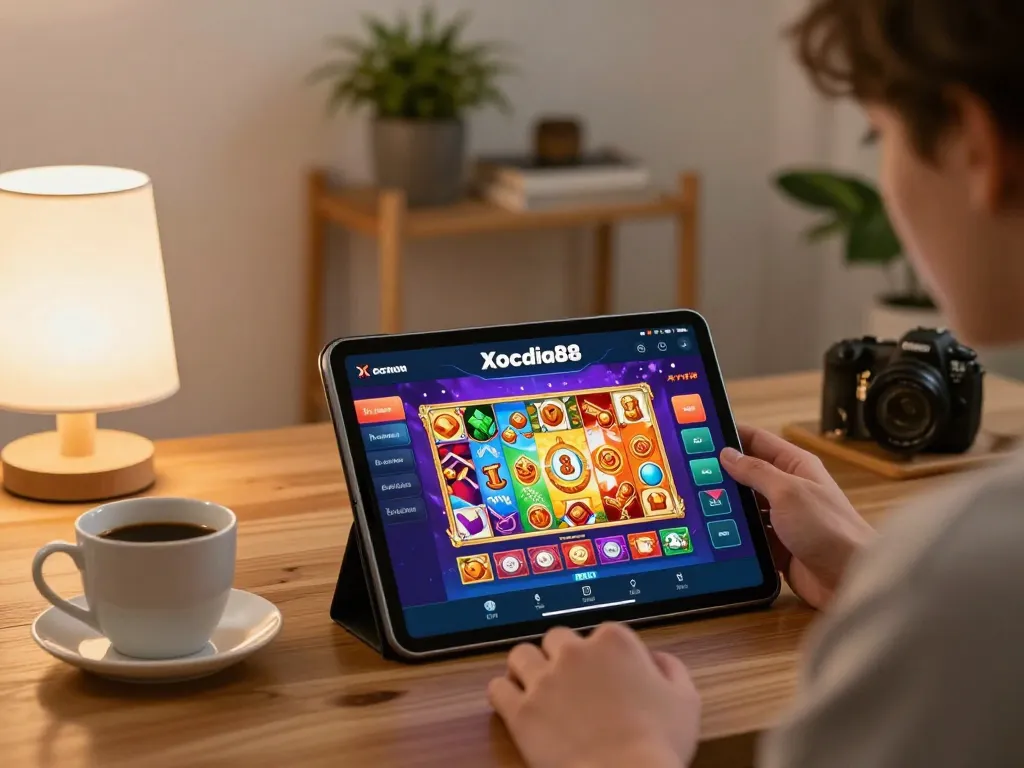 Xocdia88 player engaging in thrilling online gaming session at home, focused on winning strategy.