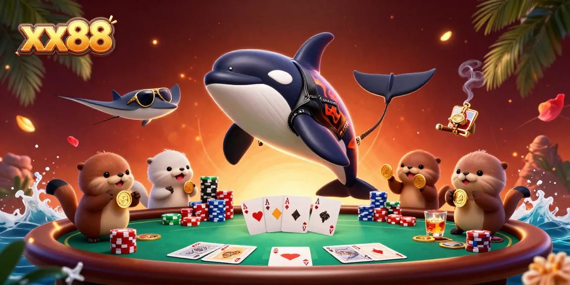 xx88 vibrant casino scene showcasing playful characters winning with golden coins, poker chips, and lively gameplay.