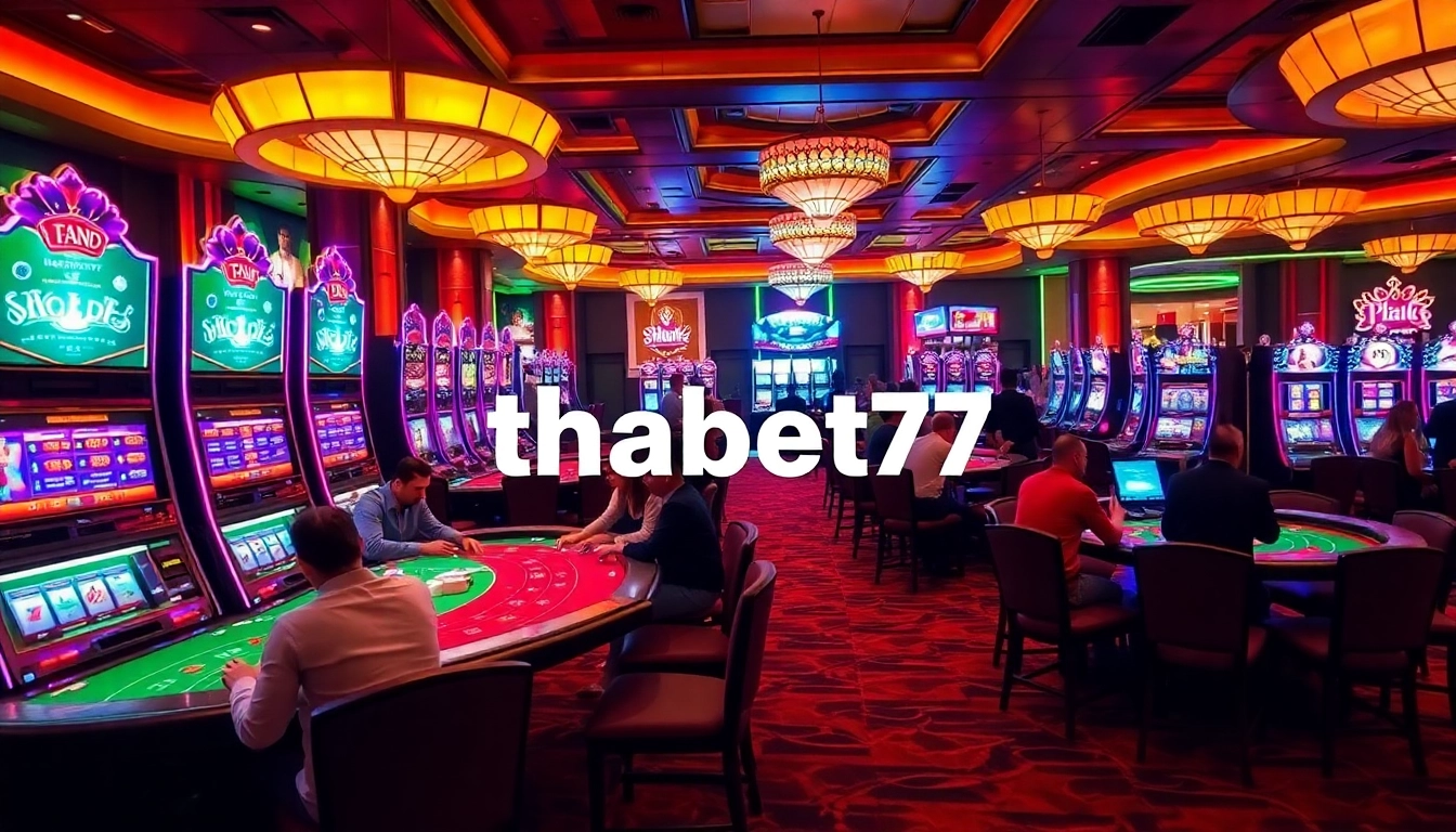 Players enjoying thrilling casino games at thabet77, showcasing vibrant slot machines and elegant tables.