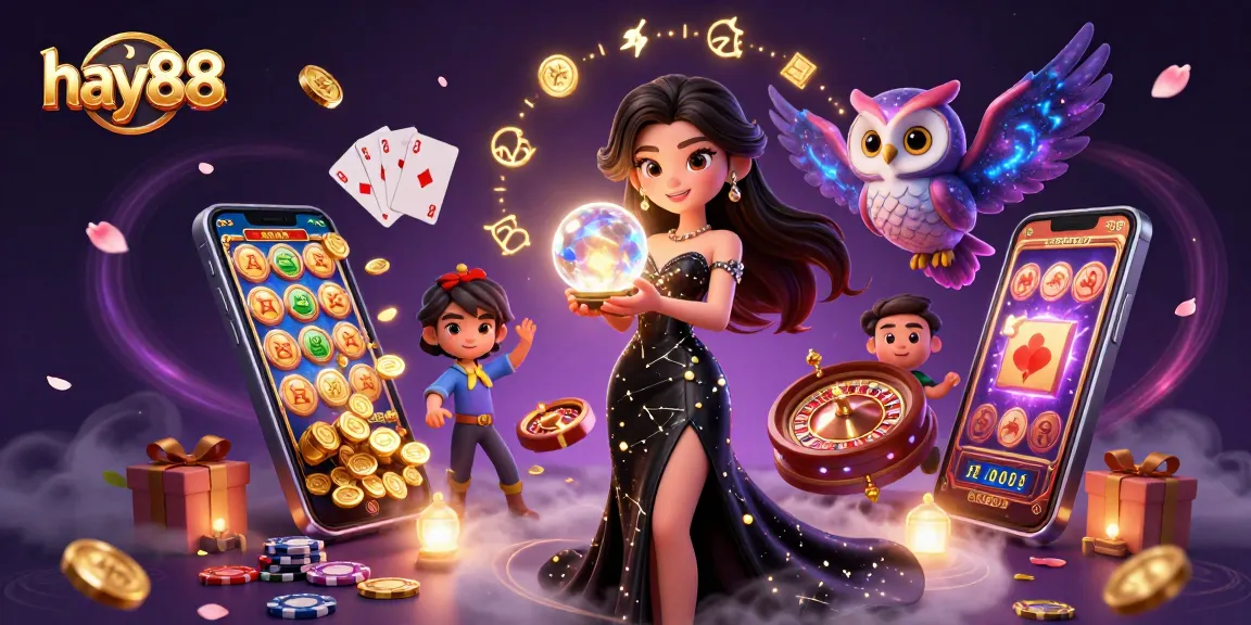 Experience the excitement of hay88 with a vibrant 3D casino scene full of games and magical elements.